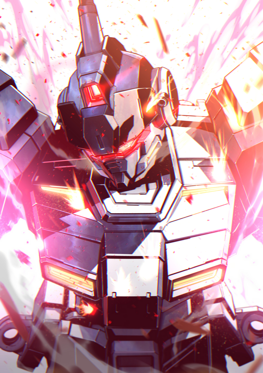 from_above glowing glowing_eyes gundam gundam_side_story:_missing_link head_tilt highres kuri_giepi light_particles mecha no_humans pale_rider_(mobile_suit) red_eyes robot science_fiction solo sparks upper_body white_background