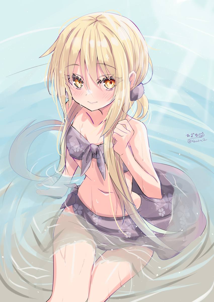 1girl absurdres bare_arms bare_shoulders bikini black_bikini blonde_hair blush closed_mouth collarbone commentary_request dated floral_print hair_between_eyes hand_up highres hizaka kantai_collection long_hair looking_at_viewer low_twintails navel one-hour_drawing_challenge print_bikini red_eyes satsuki_(kancolle) shallow_water signature sitting solo swimsuit twintails very_long_hair water wet