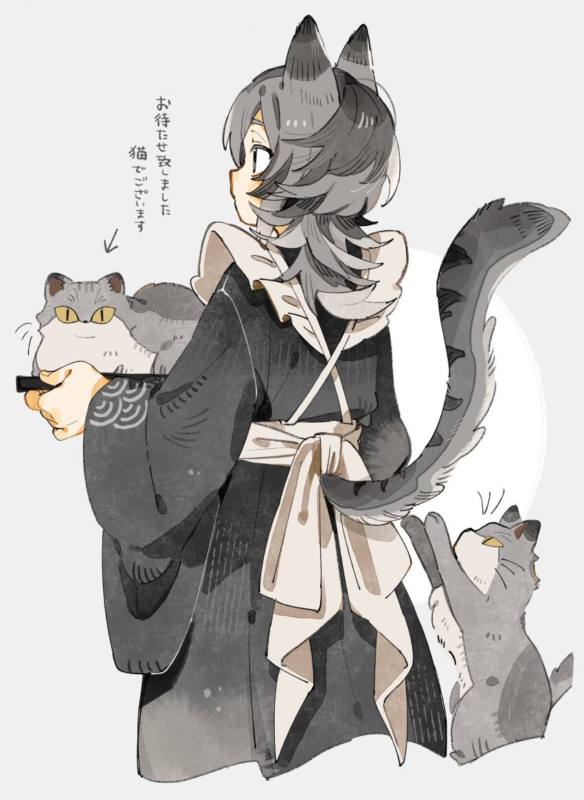 1girl animal animal_ears apron back_ribbon black_kimono cat cat_ears cat_girl cat_tail commentary cropped_legs frilled_straps from_behind grey_cat grey_hair grey_tail highres holding holding_animal holding_cat japanese_clothes kimono long_sleeves looking_ahead maid maid_apron messy_hair nanase_(nanataroo_7) original ribbon sash seigaiha simple_background solo standing tail translated white_background white_ribbon white_sash wide_sleeves wolf_cut