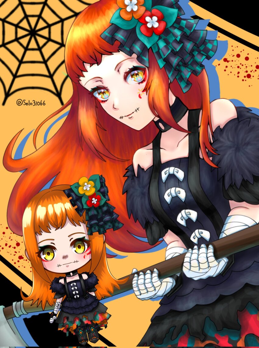 1girl axe bare_shoulders black_choker black_dress choker closed_mouth dress fire_emblem fire_emblem_engage highres holding holding_axe long_hair multiple_views nintendo orange_hair panette_(fire_emblem) sera31066 silk spider_web stitched_mouth stitches twitter_username yellow_eyes