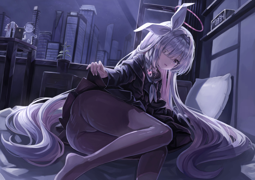 1girl absurdres alarm_clock ass black_coat black_pantyhose black_serafuku black_shirt black_skirt blue_archive braid character_request clock clothes_lift coat commentary_request doodle_sensei_(blue_archive) flower_pot grey_hair hair_ribbon halo hat_over_one_eye highres indoors lifting_own_clothes long_hair long_sleeves looking_at_viewer neckerchief night night_sky no_shoes off_shoulder open_clothes open_coat osom9525 panties panties_under_pantyhose pantyhose pillow pink_hair pink_halo plana_(blue_archive) plant potted_plant reclining ribbon school_uniform sensei_(blue_archive) serafuku shirt side_braid skirt skirt_lift sky solo tongue tongue_out underwear very_long_hair white_neckerchief white_ribbon