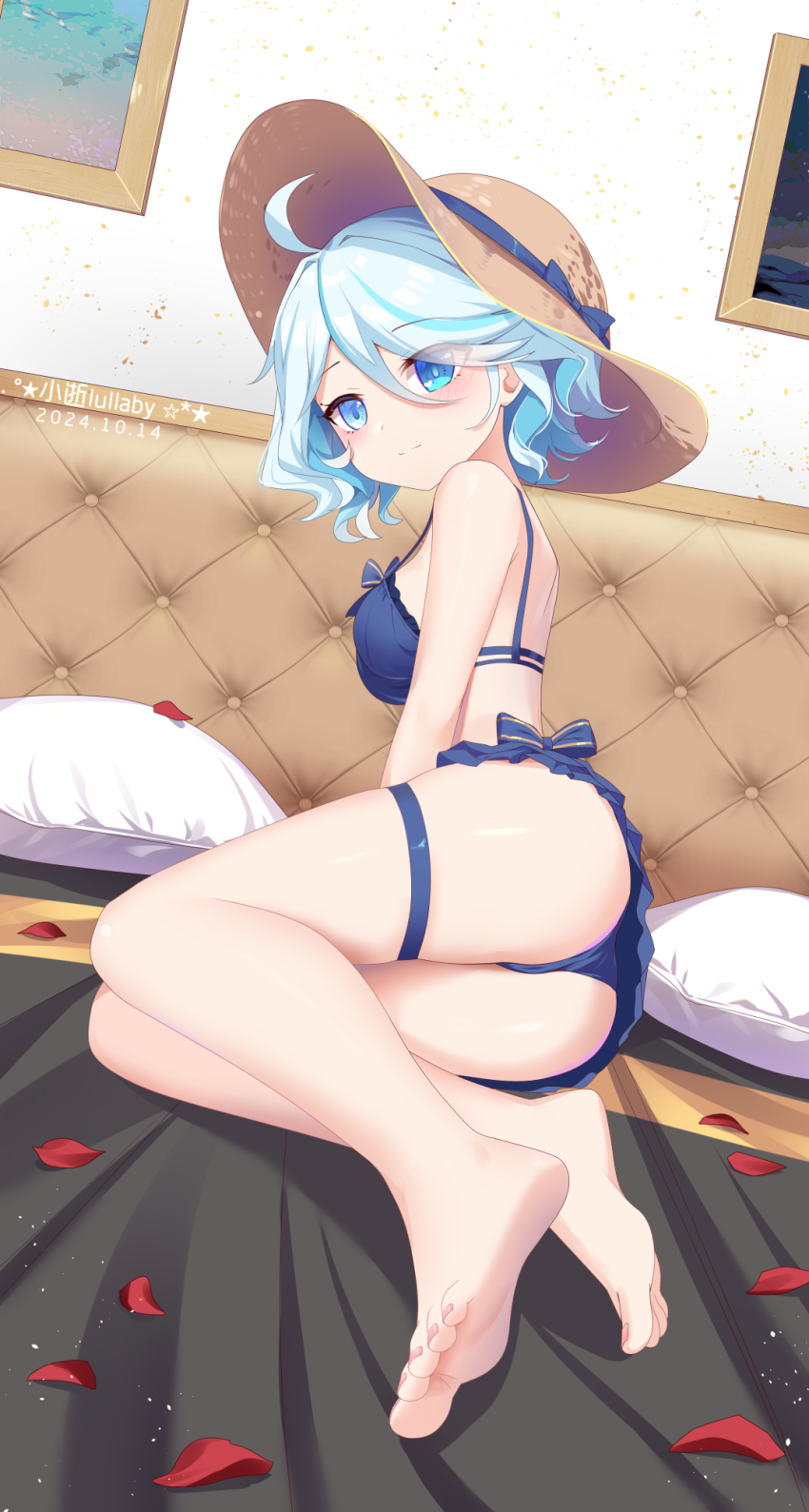 1girl ahoge alternate_costume artist_name ass bare_shoulders barefoot bed_sheet bikini blue_bikini blue_eyes blue_hair blue_panties blue_pupils blush breasts closed_mouth dated drop-shaped_pupils feet from_side full_body furina_(genshin_impact) genshin_impact hat heterochromia highres light_blue_hair looking_at_viewer looking_to_the_side lying medium_breasts medium_hair multicolored_hair nail_polish on_side panties petals pillow pink_nails sitting smile solo straw_hat streaked_hair swimsuit symbol-shaped_pupils thigh_strap toenail_polish toenails toes underwear white_hair xiao_shi_lullaby