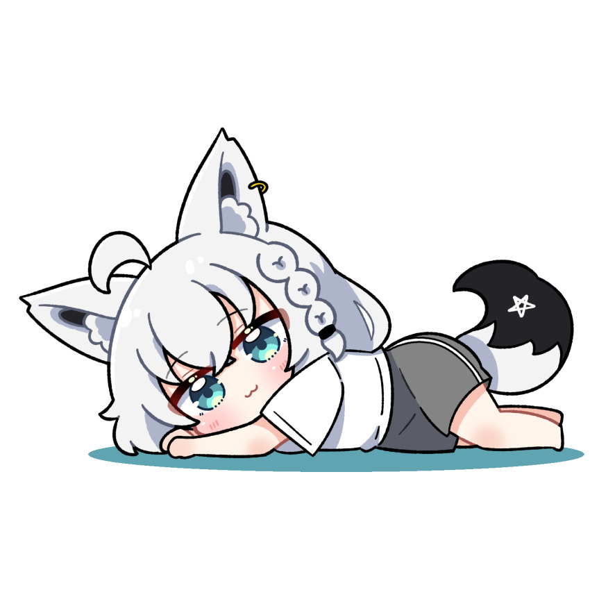 :3 ahoge animal_ear_fluff animal_ear_piercing animal_ears aqua_eyes braid chibi dohoon fox_ears fox_girl fox_tail grey_shorts highres hololive lying on_side shirakami_fubuki shirt short_sleeves shorts side_braid single_braid tail virtual_youtuber white_hair white_shirt