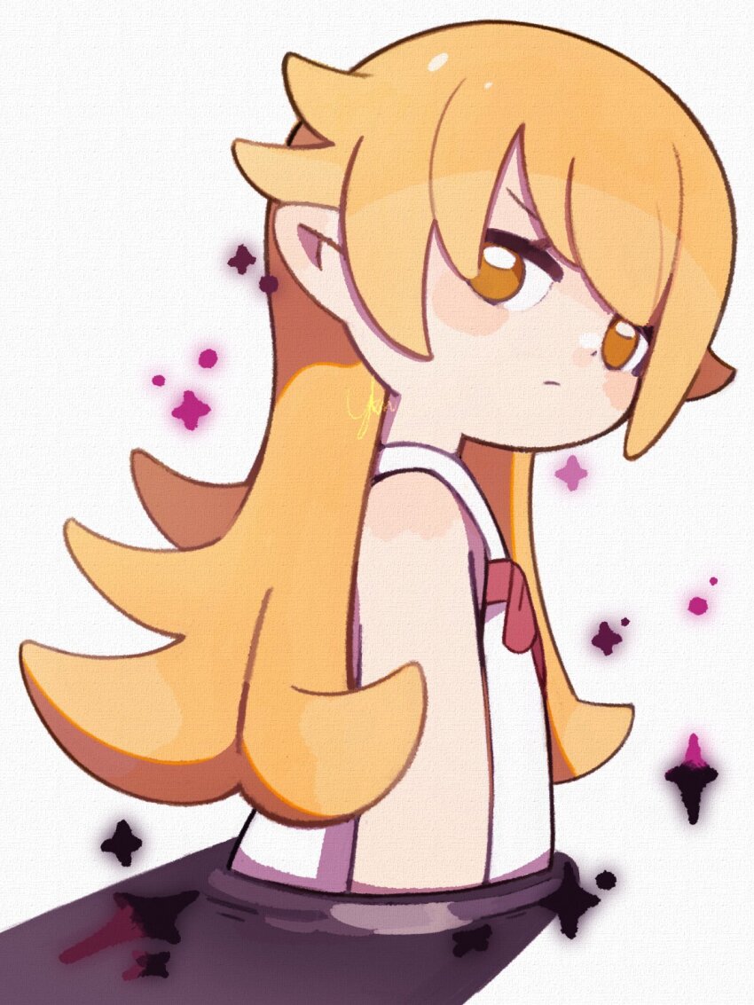 1girl annoyed blonde_hair blush_stickers dot_nose dress frown highres long_hair looking_back monogatari_(series) oshino_shinobu partially_submerged signature sleeveless sleeveless_dress solo yellow_eyes yknsugar