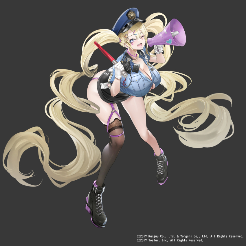 1girl ;d ankle_boots azur_lane black_background black_footwear black_skirt black_thighhighs blonde_hair blue_eyes blue_shirt blush boots commentary_request gloves guam_(azur_lane) hat highres holding leaning_forward long_hair merchandise_available official_art one_eye_closed open_mouth police police_hat police_uniform shirt simple_background single_thighhigh skirt smile solo star-shaped_pupils star_(symbol) symbol-shaped_pupils teddypocky thighhighs thighs twintails very_long_hair white_gloves