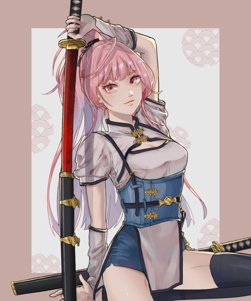 1girl absurdres black_thighhighs breasts cleavage_cutout clothing_cutout detached_sleeves gokurakugai high_ponytail highres holding holding_sword holding_weapon katana lois_(candyfx) long_hair looking_at_viewer nei_takarai_(gokurakugai) obi pelvic_curtain pink_eyes pink_hair sash sheath solo sword thighhighs weapon