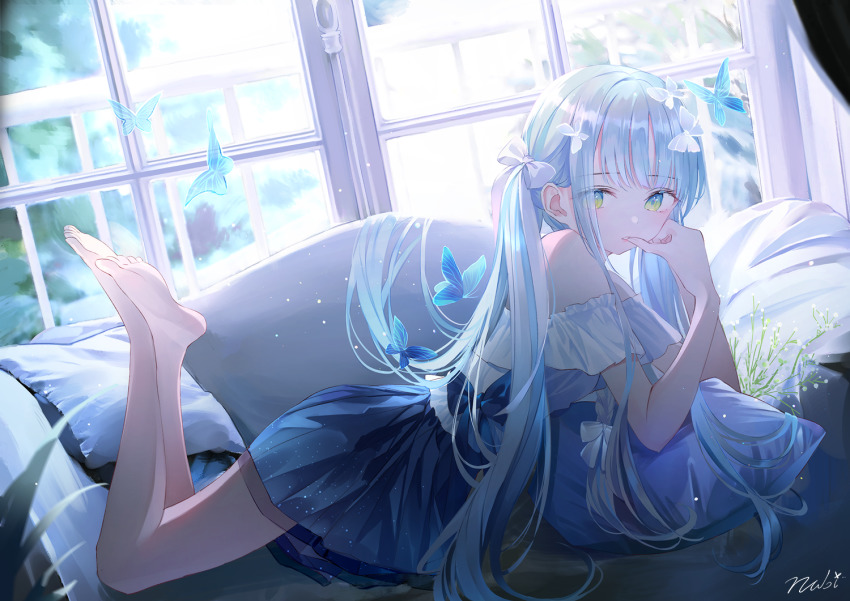 1girl bare_legs bare_shoulders barefoot bow bug butterfly couch dress eyebrows hair_bow hair_ornament insect legs_up long_hair looking_at_viewer lying nabi_(uz02) on_stomach original parted_lips pillow soles solo toes twintails window