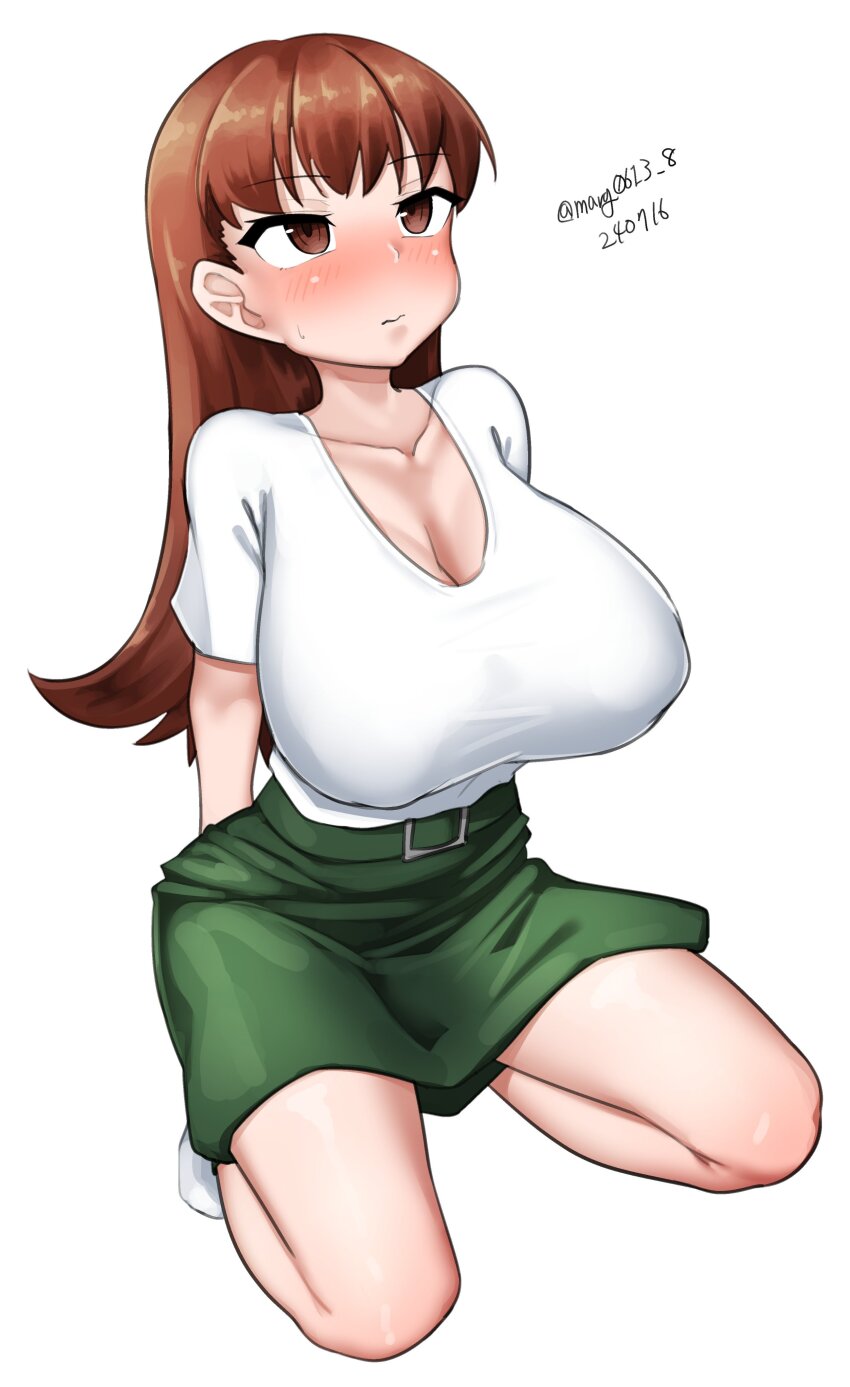 1girl absurdres blush breasts brown_eyes brown_hair cleavage full_body green_skirt highres huge_breasts kantai_collection kneeling long_hair maru_(marg0613) nose_blush one-hour_drawing_challenge ooi_(kancolle) ooi_(tsuyu_mode)_(kancolle) shirt simple_background skirt solo white_background white_shirt