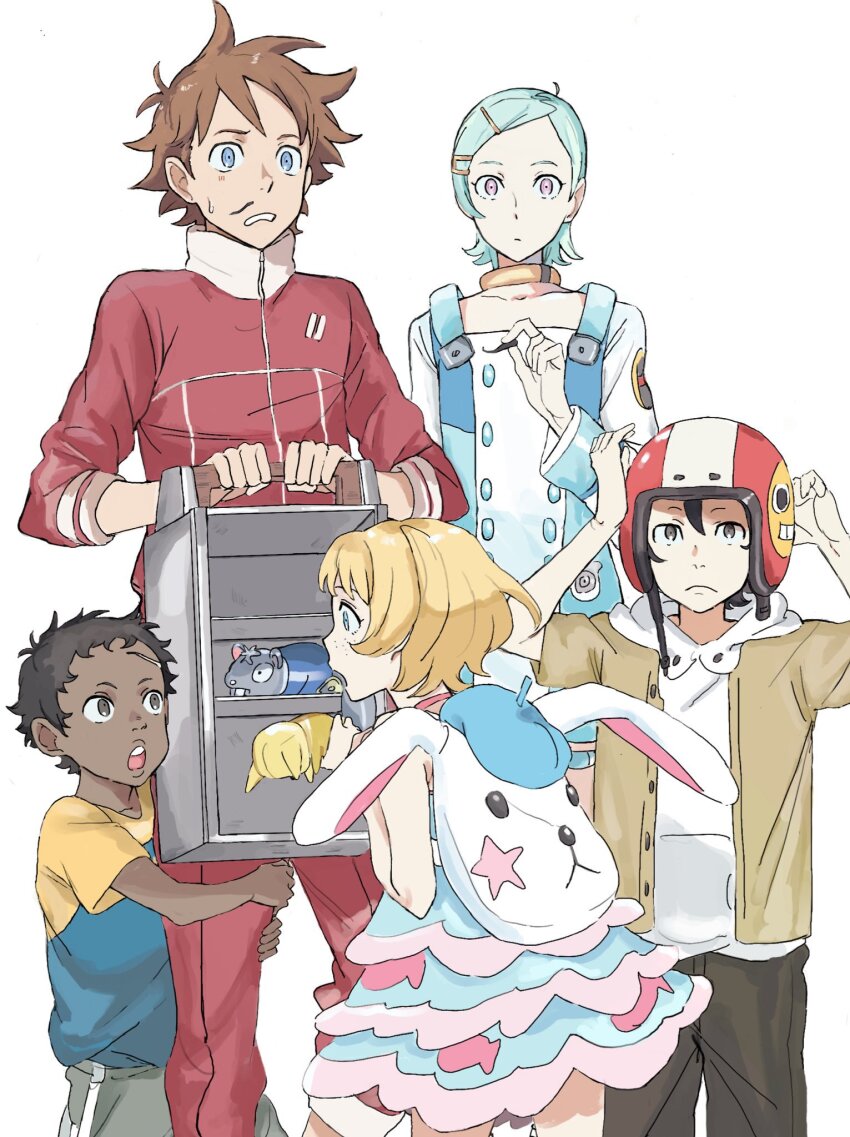 2girls 3boys animal_bag aqua_hair backpack bag black_hair blonde_hair blue_eyes brown_hair collar collarbone container dark-skinned_male dark_skin dress eureka_(eureka_seven) eureka_seven eureka_seven_(series) fake_facial_hair fake_mustache feet_out_of_frame freckles grey_eyes hair_between_eyes hair_ornament hairclip helmet highres hood hoodie hugging_another&#039;s_leg jacket layered_clothes layered_dress linck long_sleeves maeter maurice multiple_boys multiple_girls open_clothes open_mouth open_shirt pants purple_eyes red_jacket red_pants renton_thurston rueisi_(namezari) scar shirt short_dress short_hair simple_background sleeveless sleeveless_dress sleeves_past_elbows spiked_hair standing sweat swept_bangs t-shirt thigh_strap toy track_jacket track_suit white_background white_hoodie yellow_shirt