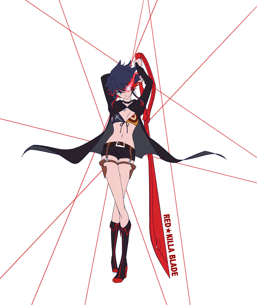 1girl belt bikini bikini_top_only black_rock_shooter black_rock_shooter_(character) black_rock_shooter_(cosplay) blue_eyes boots coat cosplay crossover highres kill_la_kill knee_boots matoi_ryuuko multicolored_hair revealing_clothes scissor_blade_(kill_la_kill) senketsu short_shorts shorts swimsuit sword two-tone_hair weapon wk_(flora-woke)