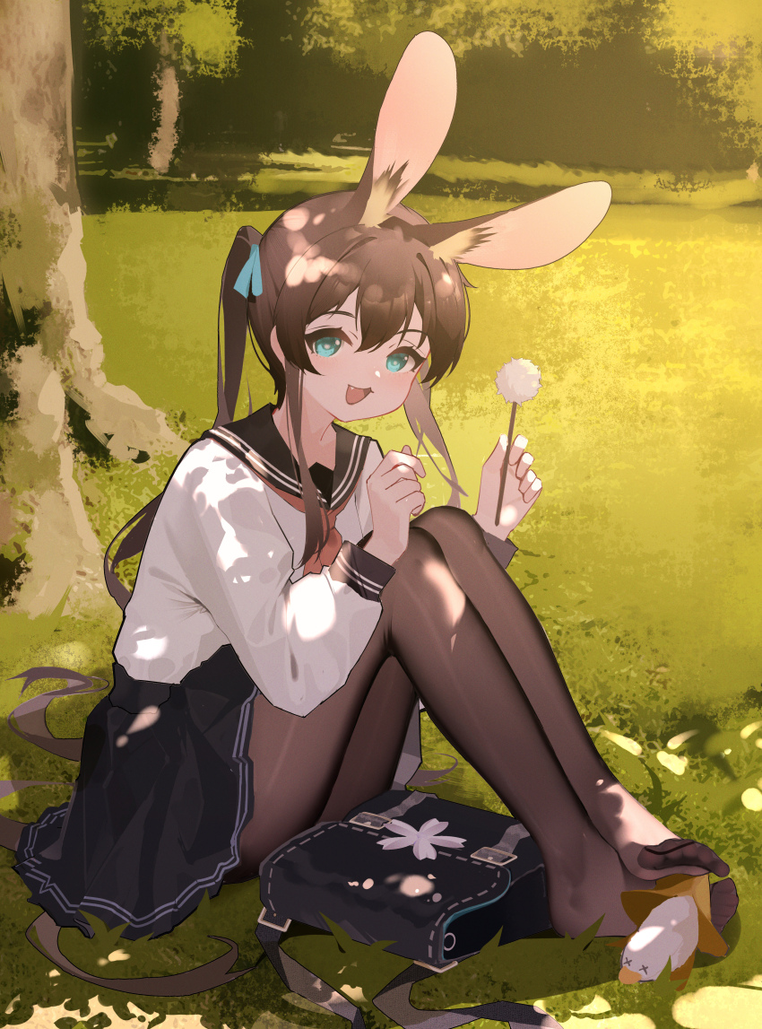 1girl absurdres amiya_(arknights) animal_ears arknights bag barefoot black_bag black_pantyhose black_sailor_collar black_skirt blue_eyes blue_ribbon brown_hair field grass hair_between_eyes handbag highres long_sleeves mimikaki on_floor pantyhose rabbit_ears rabbit_girl red_ribbon ribbon sailor_collar shenmi_de_xigua shirt sidelocks skirt tree twintails white_shirt