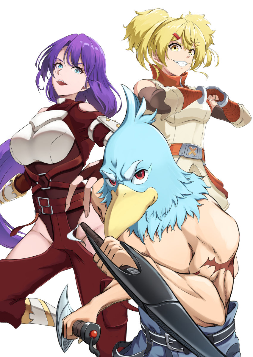 absurdres arthur_pencilgon_(shangri-la_frontier) belt blonde_hair bracelet bracer breasts clenched_hand dagger dual_wielding gauntlets grin hakuou0714 highres holding holding_dagger holding_knife holding_weapon jewelry knife long_hair medium_breasts muscular muscular_male o-ring oikatzo_(shangri-la_frontier) own_hands_together purple_eyes purple_hair red_eyes scar scar_on_arm shangri-la_frontier short_twintails small_breasts smile sunraku_(shangri-la_frontier) twintails weapon white_background yellow_eyes