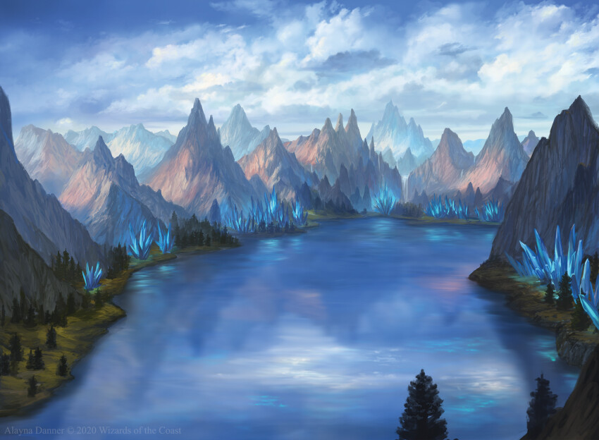 alayna_danner artist_name blue_sky cloud commentary company_name crystal day english_commentary from_above highres lake landscape magic:_the_gathering mountain no_humans official_art outdoors painterly pine_tree scenery sky tree water