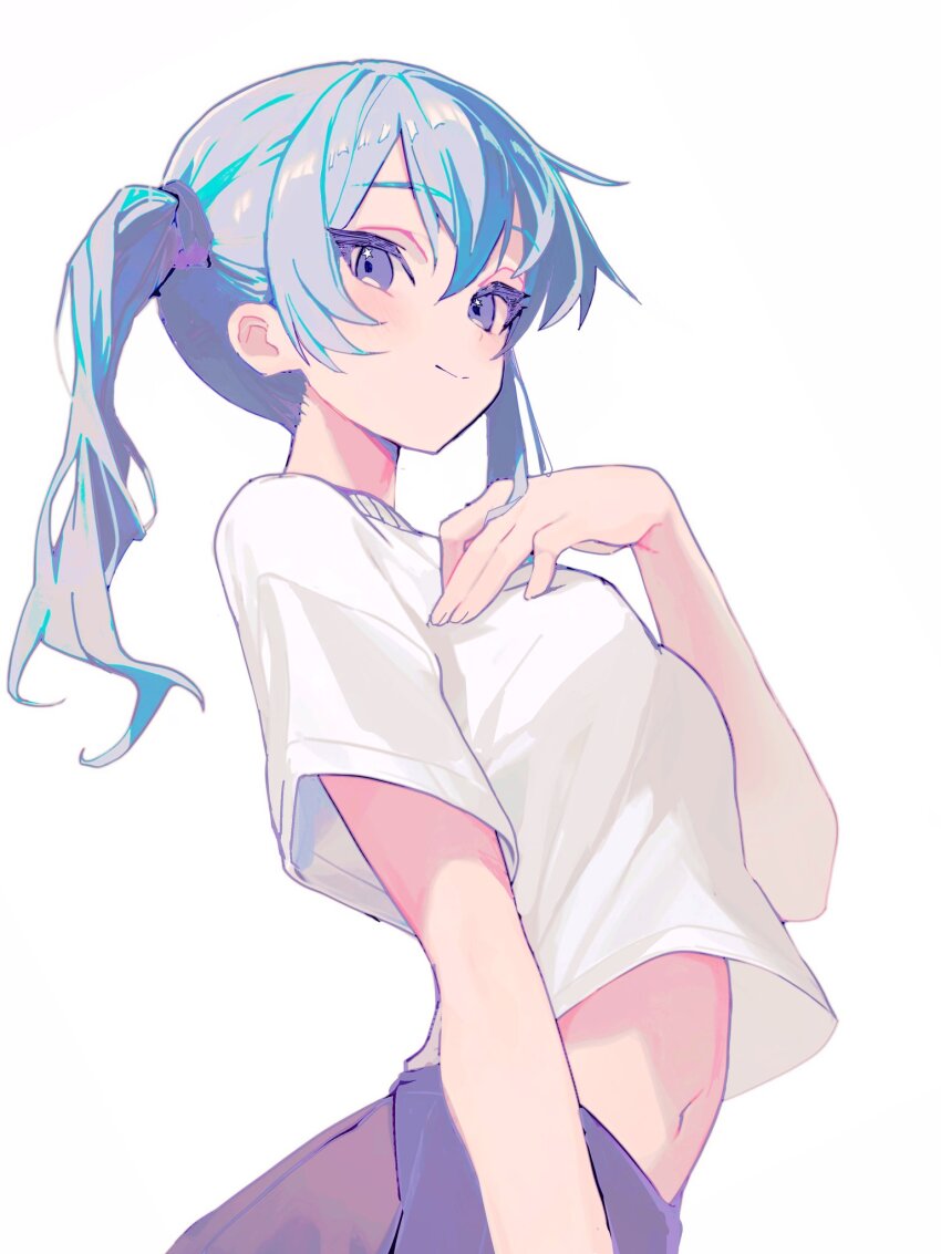 1girl blue_hair hand_on_own_chest highres hololive hoshimachi_suisei karyln navel side_ponytail simple_background virtual_youtuber white_background