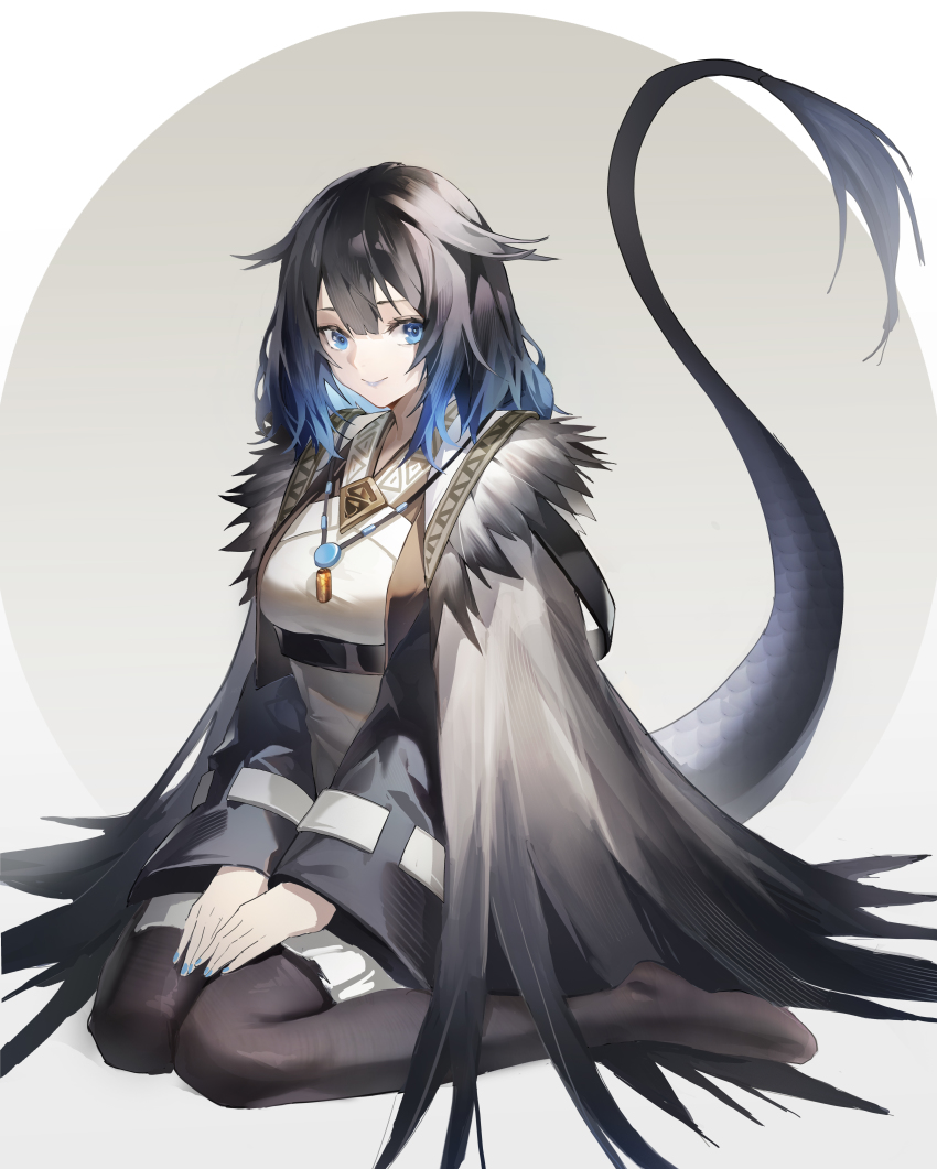 1girl absurdres arknights black_hair black_pantyhose blue_eyes blue_hair blue_nails breasts cape closed_mouth commentary_request dress fur-trimmed_cape fur_trim gradient_hair grey_background grey_cape highres jewelry kjera_(arknights) lipstick long_hair long_sleeves looking_at_viewer madao makeup medium_breasts multicolored_hair nail_polish necklace no_shoes own_hands_together pantyhose purple_lips sitting smile solo tail two-tone_background underbust wariza white_dress wide_sleeves