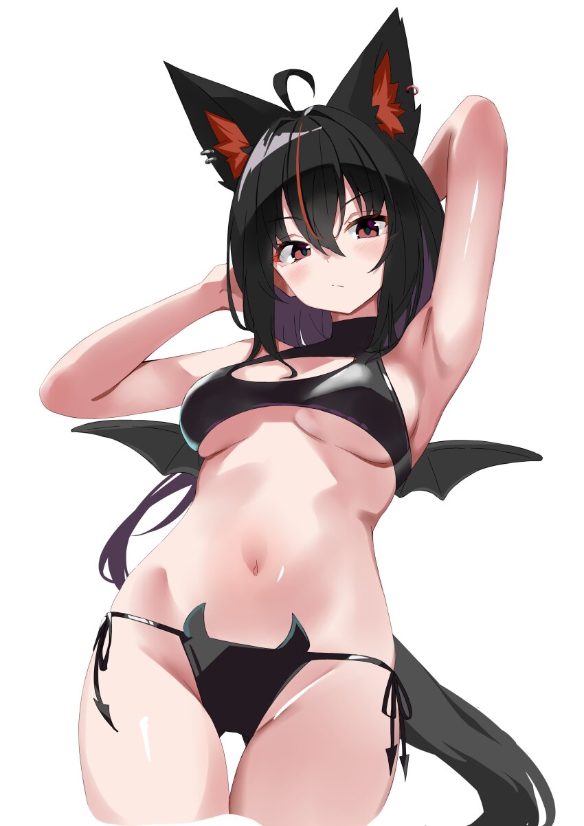 1girl absurdres animal_ears arms_behind_head bikini black_bikini black_hair breasts demon_wings earrings expressionless fox_ears fox_girl fox_tail highres hololive jewelry kurokami_fubuki large_breasts long_hair looking_at_viewer multicolored_hair namekonnn navel red_eyes red_hair simple_background stomach streaked_hair swimsuit tail virtual_youtuber white_background wings