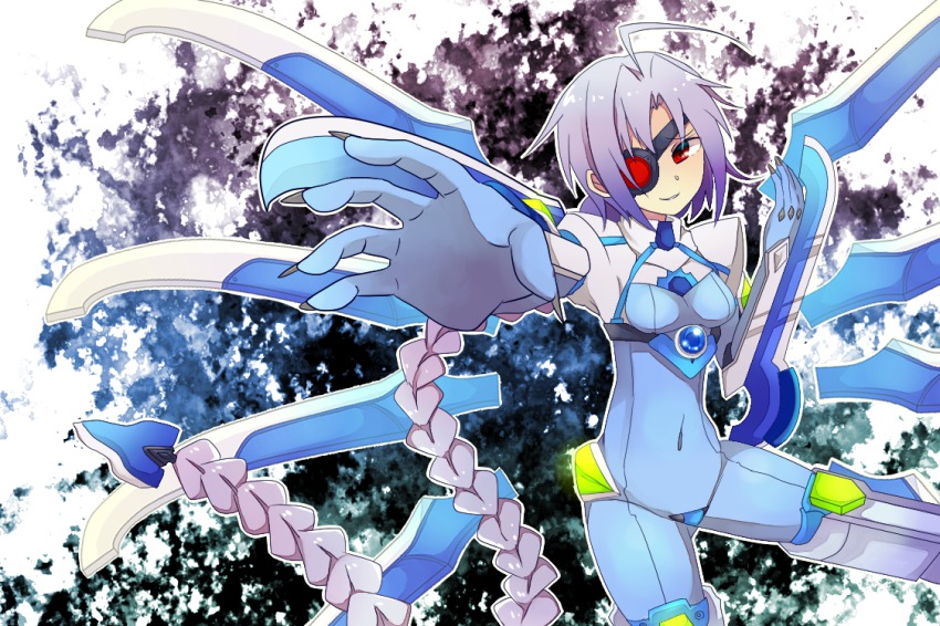 1girl ahoge arc_system_works blade blazblue bodysuit braid breasts crotch_plate eyepatch female_focus jru_(xx201) long_hair mecha_musume nu-13 red_eyes silver_hair single_braid solo very_long_hair weapon