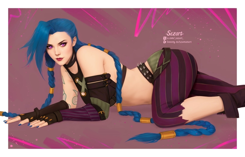 1girl arcane:_league_of_legends arcane_jinx artist_name asymmetrical_bangs bare_shoulders blue_nails border braid breasts brown_gloves closed_mouth colorful_background from_side gloves green_hair highres jinx_(league_of_legends) league_of_legends long_hair lying medium_breasts nail_polish on_side outside_border pants pink_eyes shoes smile solo striped_clothes striped_pants striped_sleeves szamatart torn_clothes torn_pants twin_braids twintails very_long_hair watermark web_address white_border