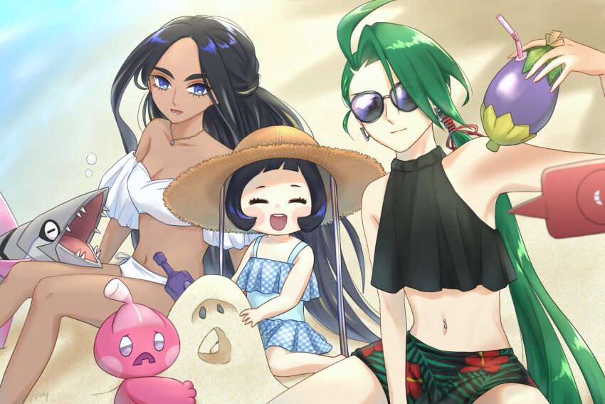 bikini black_hair blue_eyes closed_eyes closed_mouth creatures_(company) dark-skinned_female dark_skin eyelashes frills game_freak geeta_(pokemon) gen_4_pokemon green_hair highres long_hair multiple_girls natsuya_(nty_2d) nintendo one-piece_swimsuit open_mouth pokemon pokemon_sv ponytail poppy_(pokemon) rika_(pokemon) rotom rotom_phone short_hair smile sunglasses swimsuit tinkatink veluza