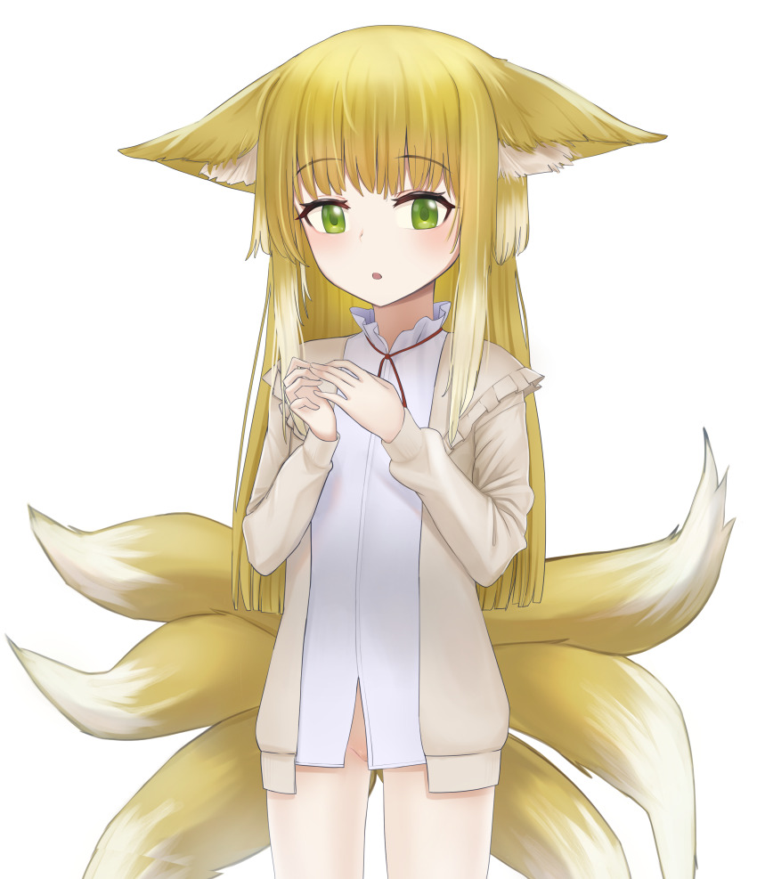 1girl absurdres animal_ears arknights blonde_hair bottomless cardigan cowboy_shot crotch_peek dress_shirt fox_ears fox_girl fox_tail green_eyes highres long_hair long_sleeves multicolored_hair multiple_tails naked_shirt neck_ribbon no_panties official_alternate_costume ok1teru partially_undressed red_ribbon ribbon shirt solo standing suzuran_(arknights) suzuran_(spring_praise)_(arknights) tail white_background white_shirt yellow_cardigan