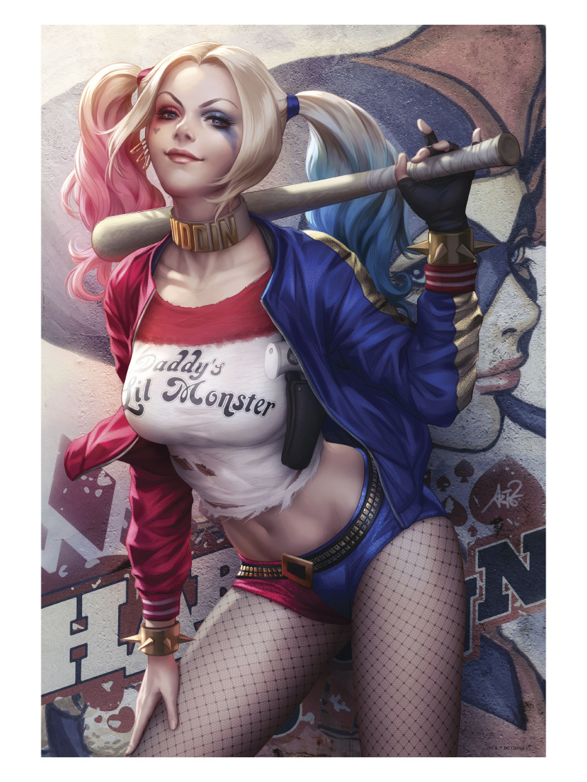 1girl absurdres baseball_bat belt blonde_hair bracelet choker closed_mouth clothes_writing collarbone crop_top dc_comics english_text eyeshadow fingerless_gloves fishnet_pantyhose fishnets gloves graffiti gun hand_on_leg harley_quinn harley_quinn_(classic) harley_quinn_(suicide_squad) heart highres holster jacket jewelry lips makeup micro_shorts midriff multicolored_clothes multicolored_jacket multicolored_shorts navel official_art pantyhose pantyhose_under_shorts pink_hair realistic shirt shorts single_glove smile solo spade_(shape) spiked_bracelet spikes stanley_lau studded_belt suicide_squad tattoo torn_clothes torn_shirt twintails weapon