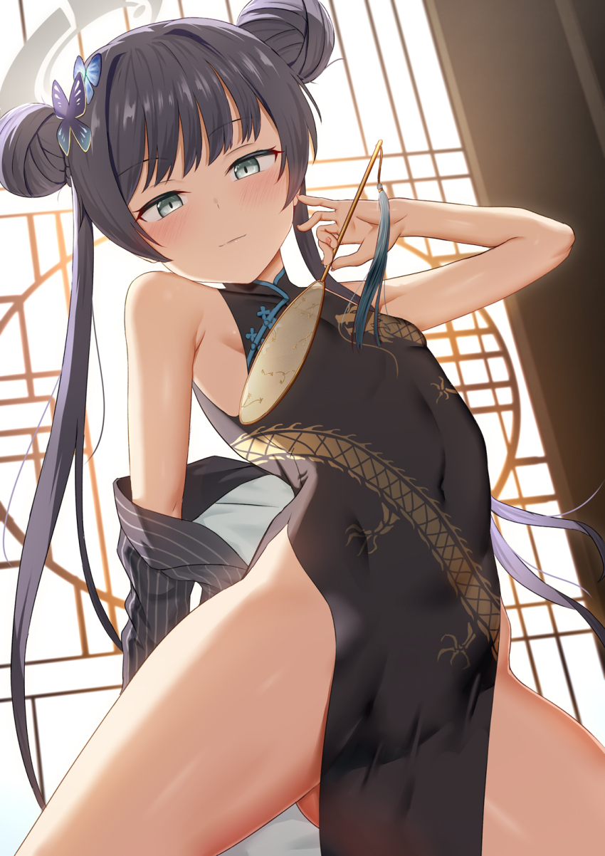 1girl backlighting bare_shoulders black_dress black_hair blue_archive blush braid braided_bun breasts butterfly_hair_ornament china_dress chinese_clothes coat covered_navel double_bun dragon_print dress grey_coat grey_eyes hair_bun hair_ornament halo highres kisaki_(blue_archive) long_hair long_sleeves looking_at_viewer mailixiang off_shoulder pelvic_curtain pinstripe_pattern short_dress side_slit small_breasts smile solo striped_coat thighs twintails vertical-striped_coat