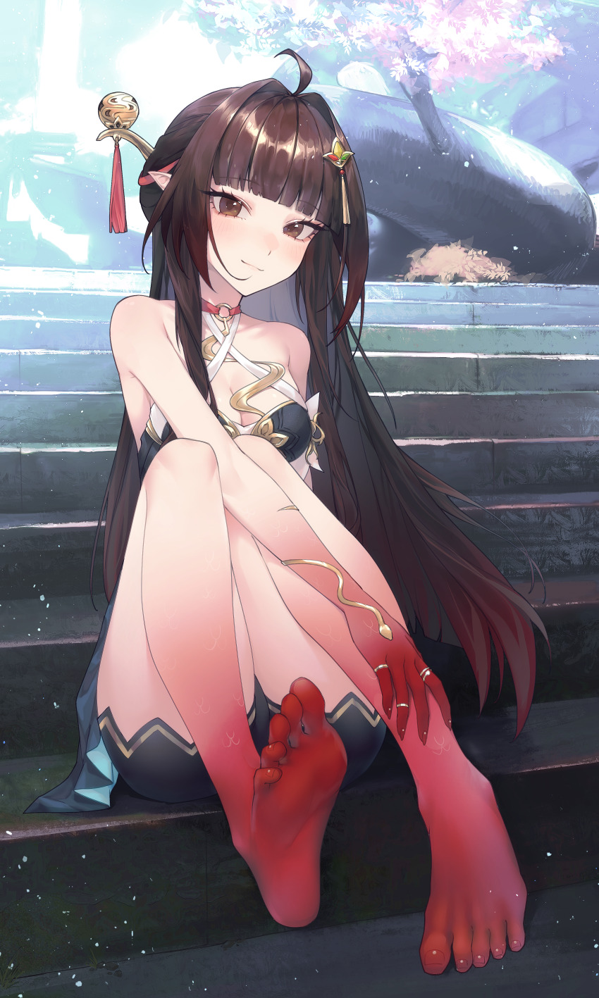 1girl absurdres barefoot black_hair blush brown_eyes feet foot_focus highres honkai:_star_rail honkai_(series) light_smile lingsha_(honkai:_star_rail) long_hair looking_at_viewer nantoku pointy_ears soles toes