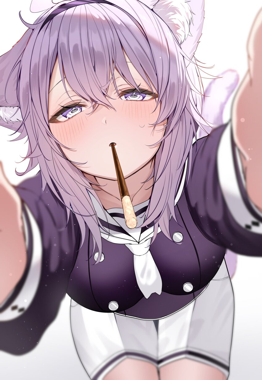 1girl absurdres animal_ear_fluff animal_ears blue_shirt blurry blush breasts cat_ears close-up depth_of_field food headband highres hololive incoming_pocky_kiss leaning_forward long_sleeves looking_at_viewer medium_breasts neckerchief nekomata_okayu nekomata_okayu_(casual) nikumega pocky pocky_day purple_eyes purple_hair purple_headband reaching reaching_towards_viewer sailor_collar shirt shorts simple_background solo thighs virtual_youtuber white_background white_footwear white_neckerchief