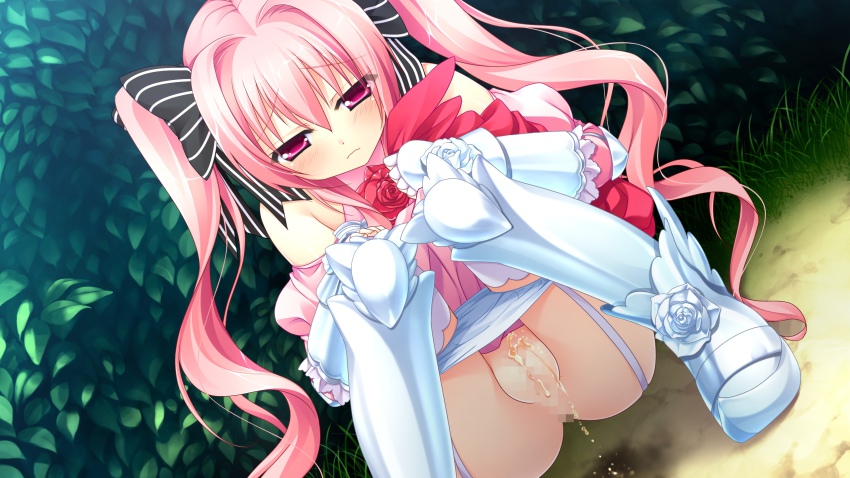 1girl blush censored chuablesoft embarrassed female_focus game_cg garter_straps highres kunai_uri legs long_hair looking_down mosaic_censoring noblesse_of_rouge panties panty_pull peeing pink_eyes pink_hair pussy solo squatting susakuooji_hotoha thighhighs thighs twintails underwear white_panties