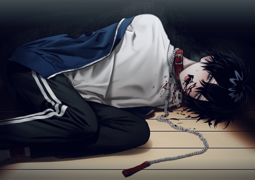 1boy absurdres black_hair black_pants blood blood_on_clothes blood_on_face blue_jacket blush chain chain_leash collar grey_eyes hair_between_eyes highres imai-kun_(imai_akira) imai_akira jacket leash looking_at_viewer lying male_focus nosebleed on_floor on_side open_clothes open_jacket open_mouth original pants red_collar saliva shirt solo sweat track_pants white_shirt