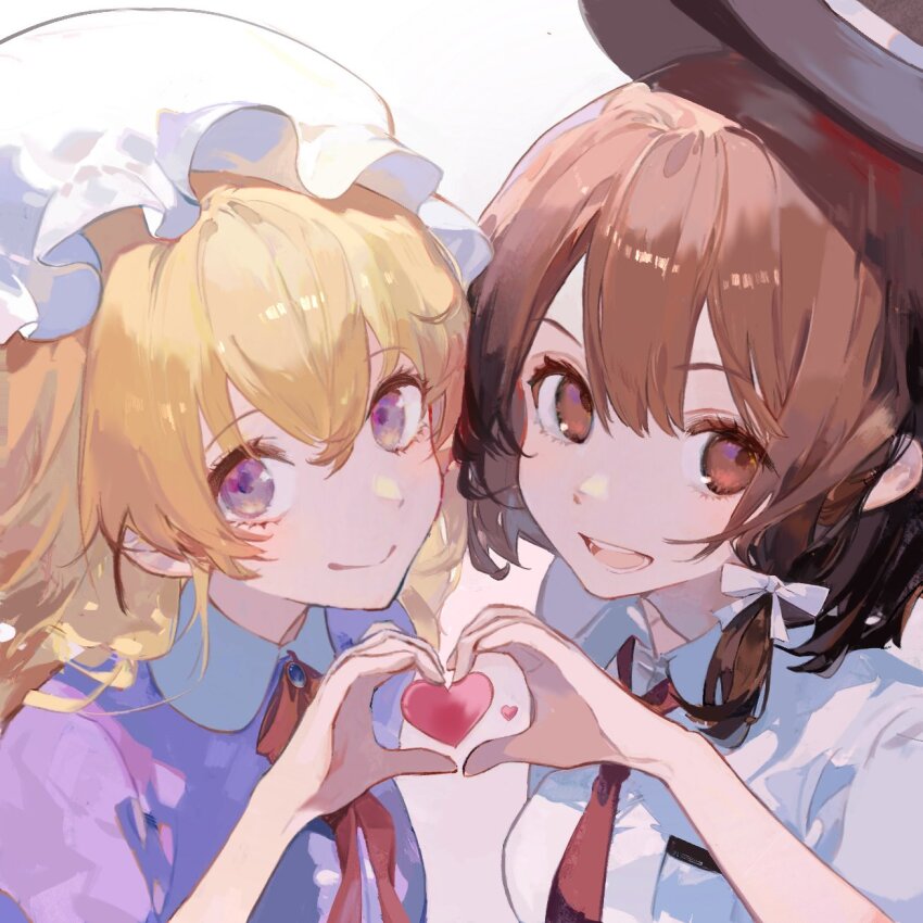 2girls aliaos black_hat blonde_hair brown_eyes brown_hair closed_mouth collared_shirt commentary_request hair_between_eyes hat heart heart_hands heart_hands_duo highres long_hair looking_at_viewer maribel_hearn mob_cap multiple_girls necktie open_mouth purple_eyes purple_shirt red_necktie red_ribbon ribbon shirt simple_background smile touhou upper_body usami_renko white_background white_hat white_shirt