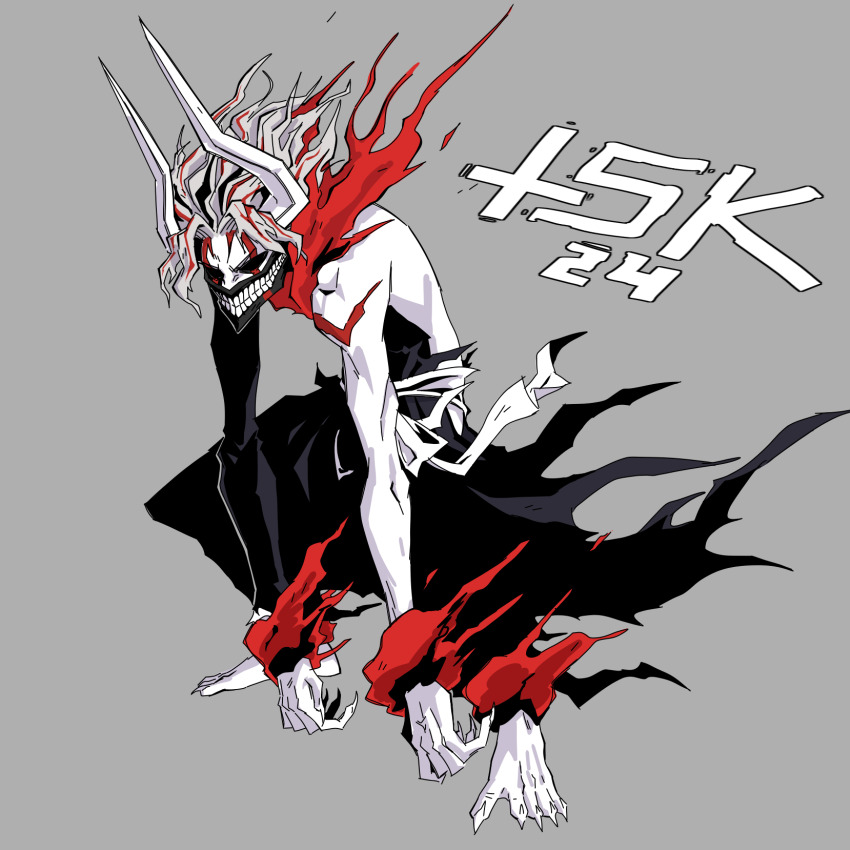 1boy alternate_form bleach crossover dandadan facial_mark highres hollow_ichigo male_focus mask mouth_mask solo takakura_ken_(dandadan) transformation tskmartinsen white_hair