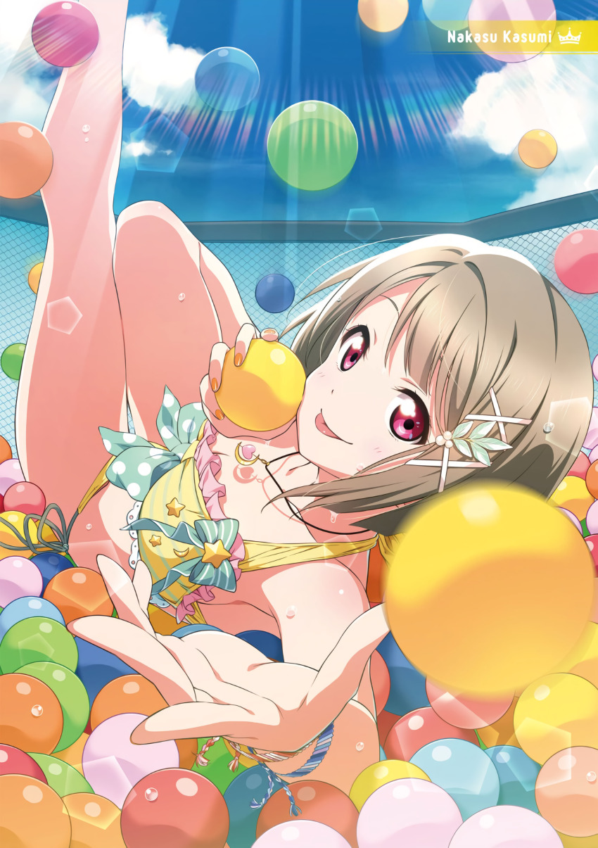 1girl 2c=galore :p absurdres asymmetrical_hair ball ball_pit bikini blue_sky bob_cut breasts brown_hair character_name closed_mouth cloud cloudy_sky day grey_hair hair_ornament hairclip halterneck highres holding holding_ball legs_up looking_at_viewer love_live! love_live!_nijigasaki_high_school_idol_club medium_breasts midriff nakasu_kasumi official_art outdoors outstretched_arm red_eyes short_hair side-tie_bikini_bottom sky solo string_bikini swimsuit third-party_source tongue tongue_out yellow_bikini