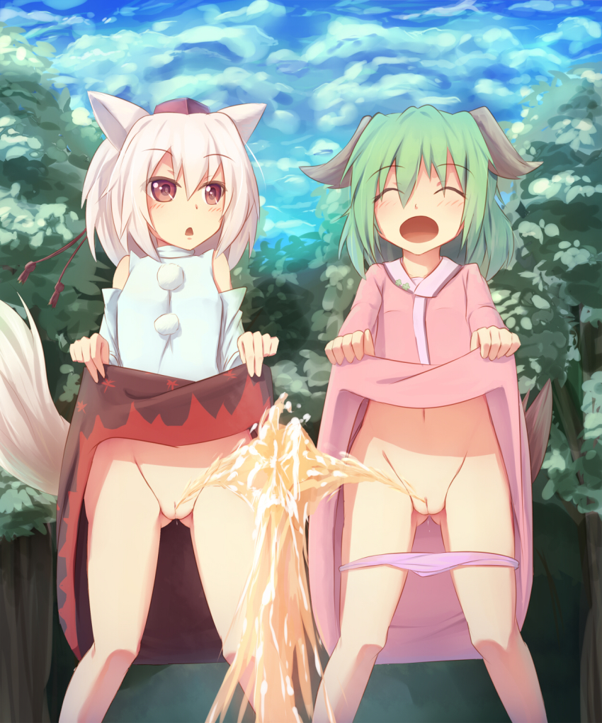 2girls :o animal_ears blush cleft_of_venus closed_eyes clothes_lift cloud crossing_streams day detached_sleeves dress dress_lift green_hair hat highres inubashiri_momiji kasodani_kyouko long_sleeves looking_at_another midriff multiple_girls nature navel no_panties open_mouth outdoors panties panty_pull pee peeing pink_panties pom_pom_(clothes) pussy red_eyes seneto shirt short_hair skirt skirt_lift sky smile string tail tokin_hat touhou tree uncensored underwear white_hair wide_sleeves wolf_ears wolf_tail