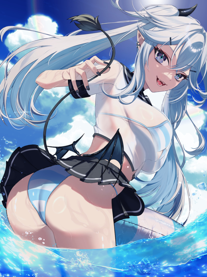 1girl ass bikini bikini_under_clothes black_nails black_skirt blue_bikini blue_sky breasts cloud demon_girl demon_tail demon_wings grey_eyes hair_ornament hairpin highres holding holding_swim_ring indie_virtual_youtuber innertube large_breasts long_hair looking_at_viewer low_wings nail_polish open_mouth pointy_ears see-through_clothes see-through_shirt shirt sideboob skirt sky smile solo striped_bikini striped_clothes swim_ring swimsuit tail ten_illustrator twintails vei_(vtuber) vei_(vtuber)_(11th_costume) virtual_youtuber vshojo wading water white_hair white_shirt wings