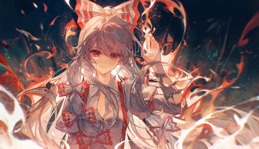 1girl breasts cleavage fire fujiwara_no_mokou grey_hair highres long_hair looking_at_viewer maccha_(mochancc) red_eyes shirt smile solo suspenders touhou upper_body white_shirt