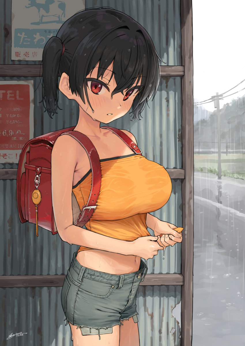 1girl backpack bag black_hair blush breasts camisole collarbone commentary_request crime_prevention_buzzer crossed_bangs cutoffs dated denim denim_shorts exposed_pocket gaki_kyonyuu grey_shorts hair_between_eyes highres kaedeko_(kaedelic) large_breasts looking_at_viewer midriff navel oppai_loli outdoors rain randoseru red_bag red_eyes road sasaki_kanna_(kaedeko) short_hair short_shorts short_twintails shorts signature solo standing street torn_clothes torn_shorts twintails wet wet_clothes wet_hair yellow_camisole