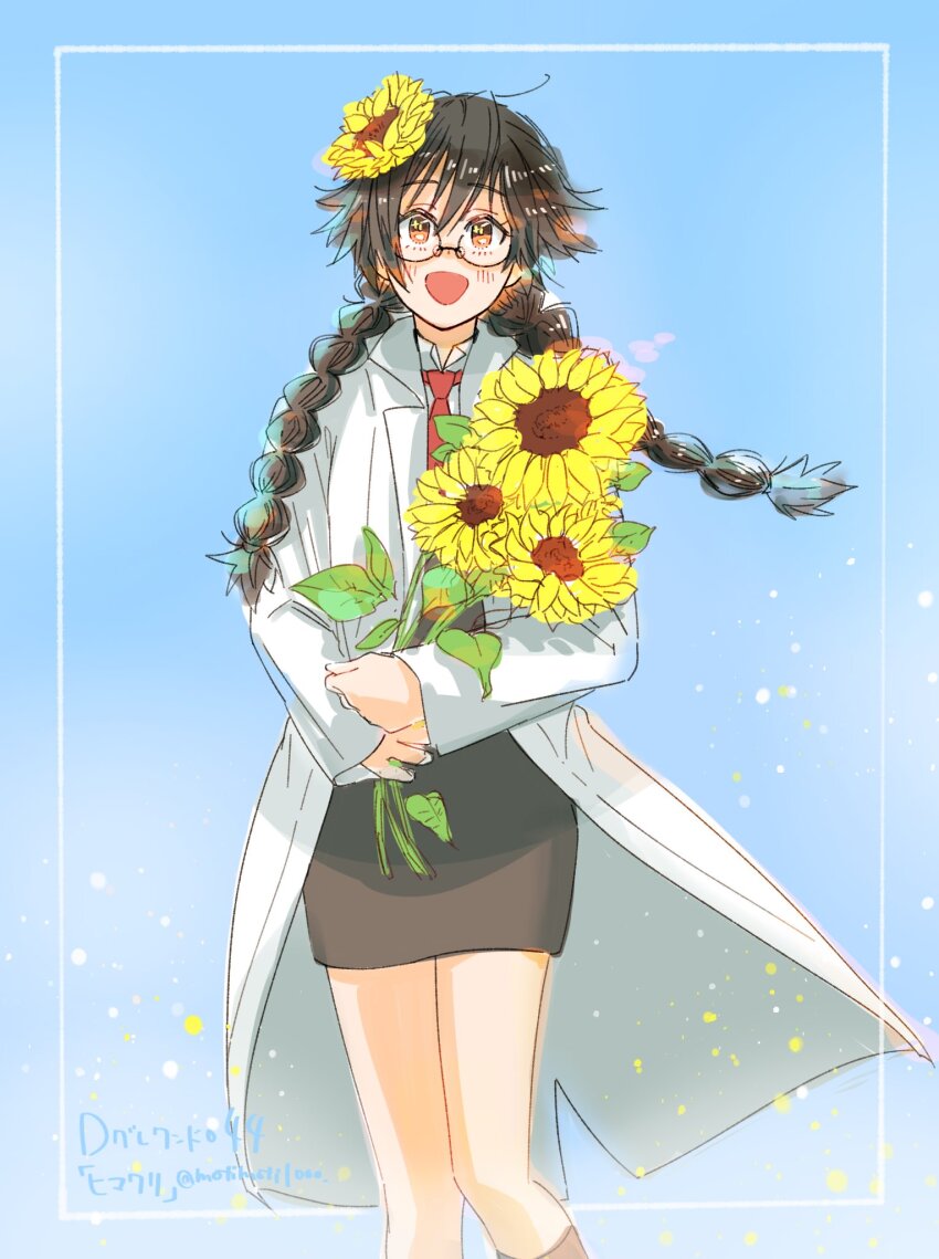 1girl black_hair black_skirt blue_background blush braid coat d.gray-man dress_shirt flower glasses hair_flower hair_ornament highres holding holding_flower kozuuu legs long_hair looking_at_viewer mature_female necktie open_mouth orange_eyes pencil_skirt red_necktie rohfa shirt skirt smile solo sunflower thighs twin_braids white_coat white_shirt