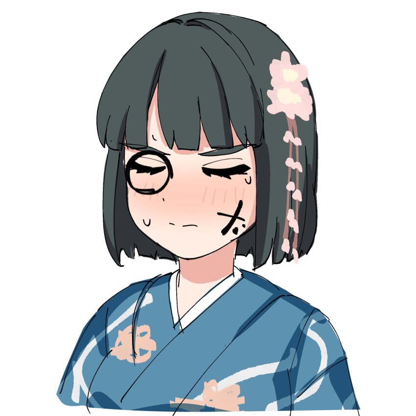 1girl 3: black_hair blue_kimono blunt_bangs blunt_ends blush closed_eyes closed_mouth commentary_request facepaint floral_print floral_print_kimono frown highres japanese_clothes kimono link!_like!_love_live! love_live! momose_ginko new_year nose_blush sen_yousoro short_hair simple_background solo split_mouth sweat u_u upper_body v-shaped_eyebrows virtual_youtuber white_background