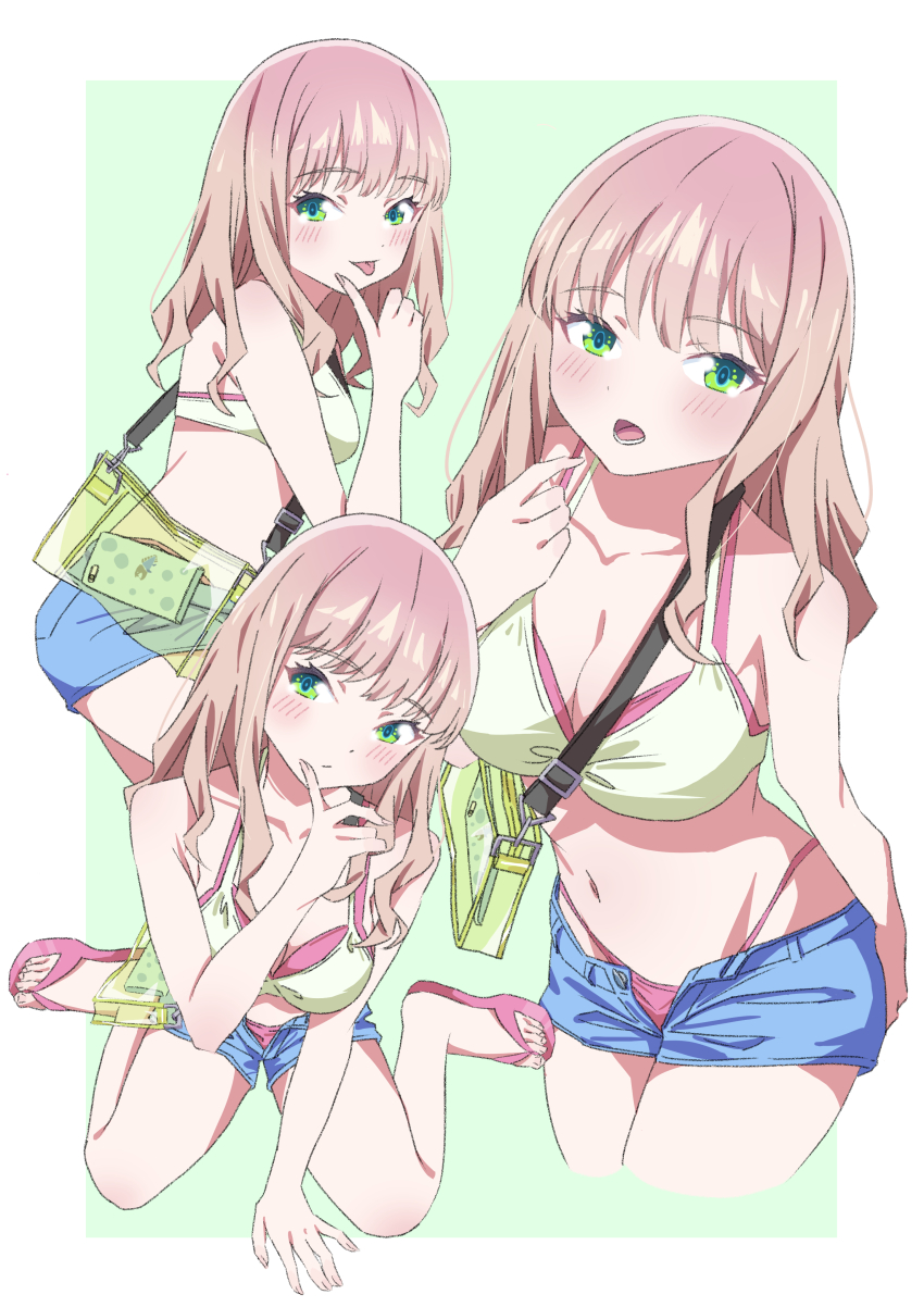 1girl absurdres bikini blush breasts brown_hair cleavage denim denim_shorts green_eyes gridman_universe highres long_hair looking_at_viewer medium_breasts minami_yume sho_(shoshos_8888) shorts ssss.dynazenon swimsuit tongue tongue_out