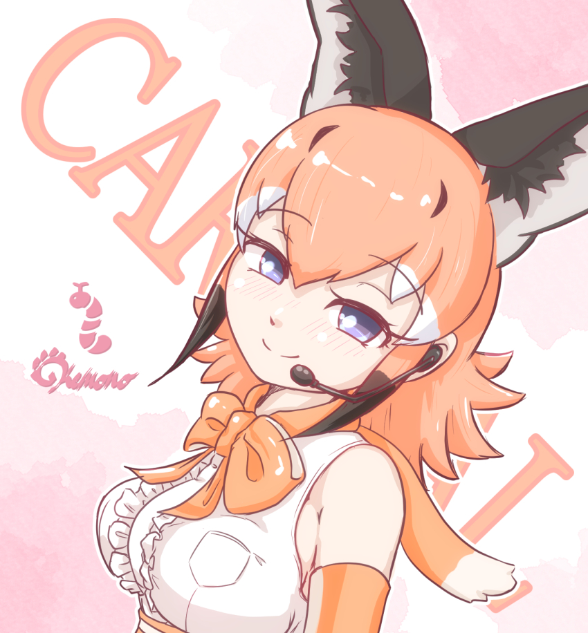 1girl animal_ears belt blue_eyes bow bowtie breasts caracal_(kemono_friends) cat_ears cat_girl elbow_gloves extra_ears gloves highres kemono_friends kemono_friends_v_project long_hair looking_at_viewer microphone nokemono-san_(bocchi_friend) orange_hair pink_background shirt simple_background skirt sleeveless sleeveless_shirt solo upper_body virtual_youtuber