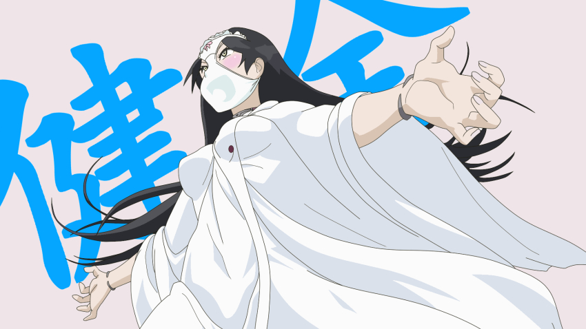 10s 1girl black_hair blue_snow blush bow bow_panties bracelet choker commentary_request female_focus frilled_panties frills grin groin highres jewelry kajou_ayame long_hair object_on_head open_mouth outstretched_arms panties panties_on_head shimoneta_to_iu_gainen_ga_sonzai_shinai_taikutsu_na_sekai simple_background smile solo underwear very_long_hair white_background wristband yai_eirin yellow_eyes