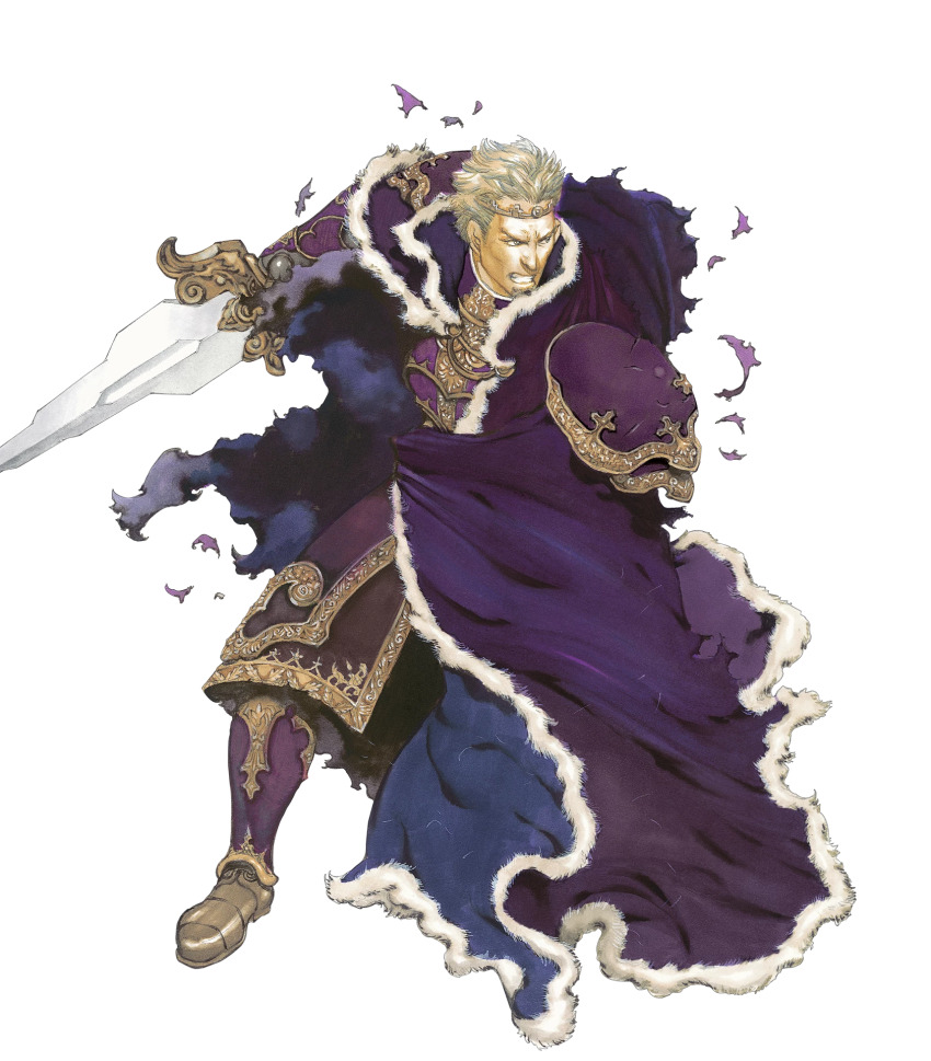 1boy armor blonde_hair cape facial_hair fire_emblem fire_emblem:_the_binding_blade fire_emblem_heroes fur_trim goatee highres king male_focus nintendo official_art purple_armor purple_cape short_hair third-party_source torn_clothes white_fur white_trim yamada_akihiro zephiel_(fire_emblem)