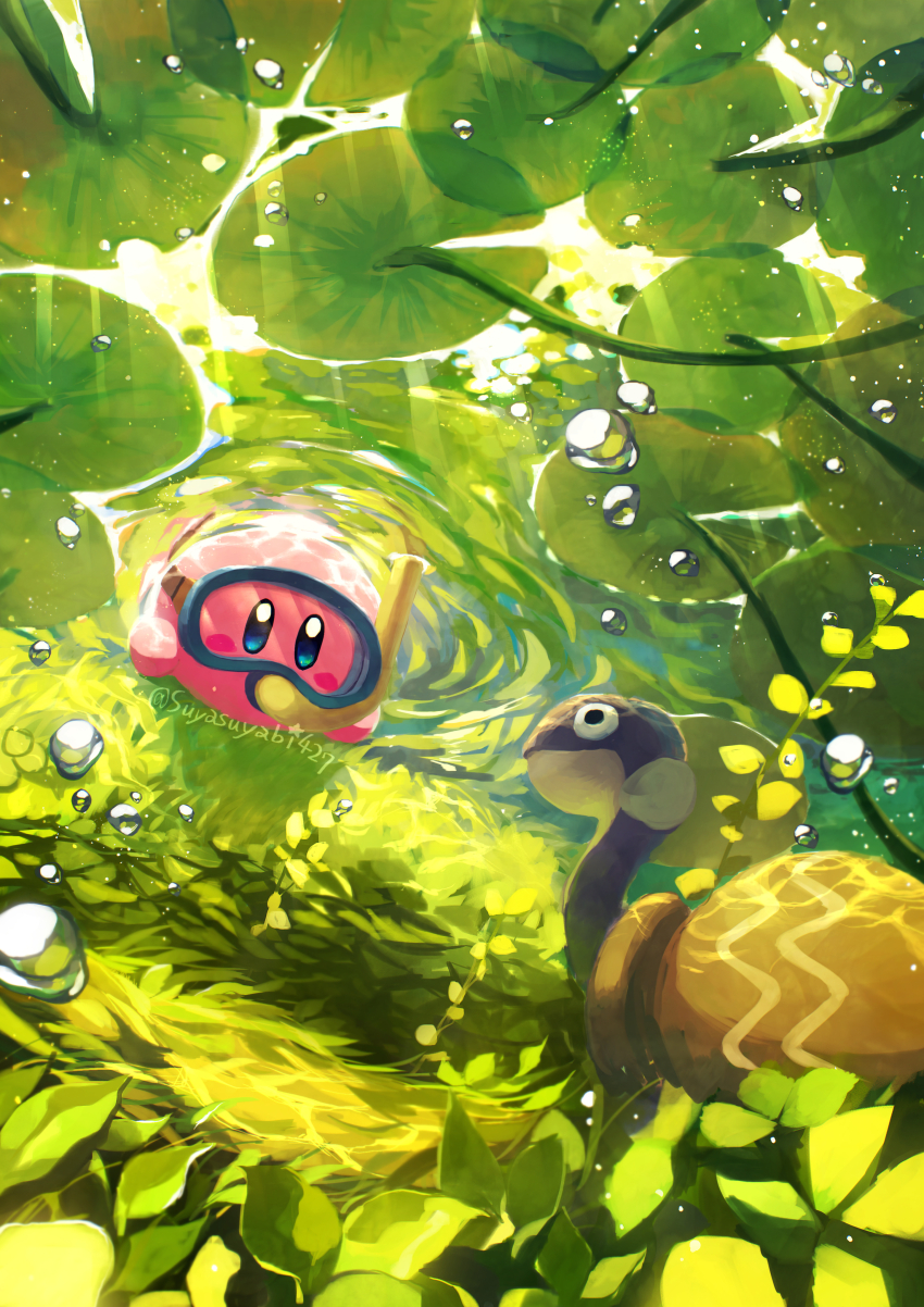 absurdres blue-framed_eyewear blue_eyes blush_stickers bubble colored_skin creature day duckweed highres kirby kirby_(series) leaning_forward lily_pad looking_at_creature nintendo no_humans outdoors pink_skin ripples snorkel solo suyasuyabi twitter_username underwater_shot