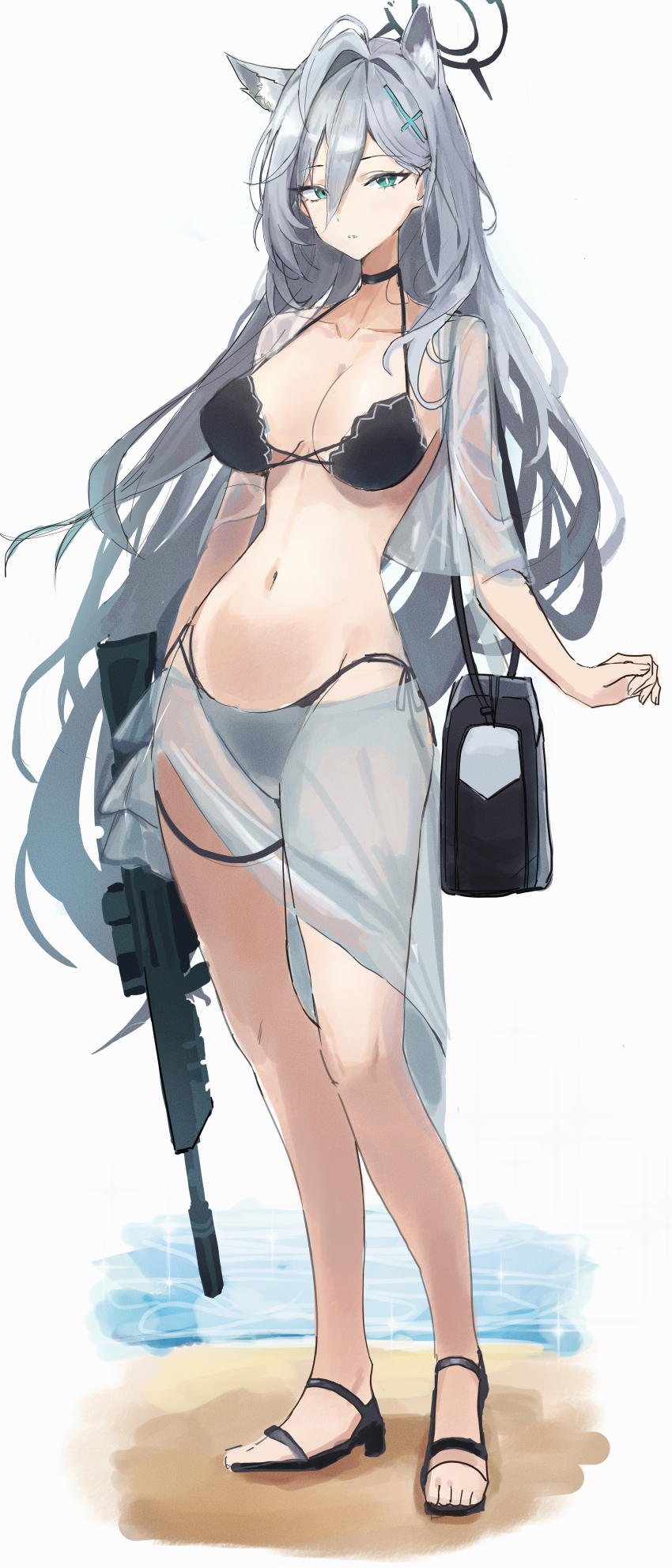 1girl absurdres animal_ear_fluff animal_ears assault_rifle bikini black_bikini black_choker black_halo blue_archive breasts broken_halo choker cleavage cross cross_hair_ornament dark_halo extra_ears grey_hair gun hair_ornament halo highres inverted_cross mismatched_pupils navel rifle rimmon see-through_clothes shiroko_(blue_archive) shiroko_terror_(blue_archive) sig_sauer sig_sauer_556 swimsuit weapon wolf_ears wolf_girl