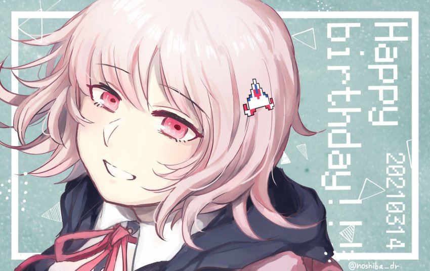 1girl artist_name bad_id bad_twitter_id black_shirt collared_shirt commentary_request danganronpa_(series) danganronpa_2:_goodbye_despair dated grin happy_birthday highres hood medium_hair nanami_chiaki neck_ribbon pale_skin pink_eyes pink_hair pink_ribbon portrait ribbon shirt smile solo spaceship_hair_ornament tetose white_shirt