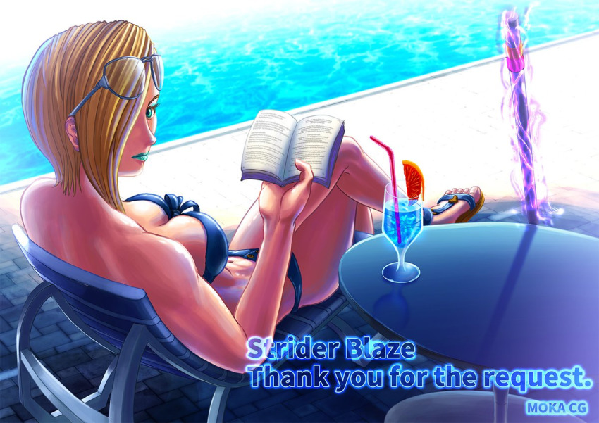 artist_name bikini blonde_hair blue_eyes breasts commission crossed_legs falke_(street_fighter) hair_over_one_eye moka_cg official_alternate_costume poolside sandals skeb_commission street_fighter street_fighter_v swimsuit