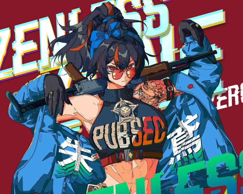 1girl abs ahoge akm akms alternate_costume arm_tattoo assault_rifle belt black_gloves black_hair blue_jacket breasts buttons commentary copyright_name english_text eyewear_on_head gloves gun hair_between_eyes highres holding holding_gun holding_weapon jacket jewelry kalashnikov_rifle long_hair long_sleeves looking_at_viewer midriff multicolored_hair muscular muscular_female navel nest_virgo open_clothes orange-tinted_eyewear orange_eyes ponytail red_background red_hair rifle simple_background solo star_(symbol) streaked_hair sunglasses tattoo tinted_eyewear upper_body weapon zenless_zone_zero zhu_yuan