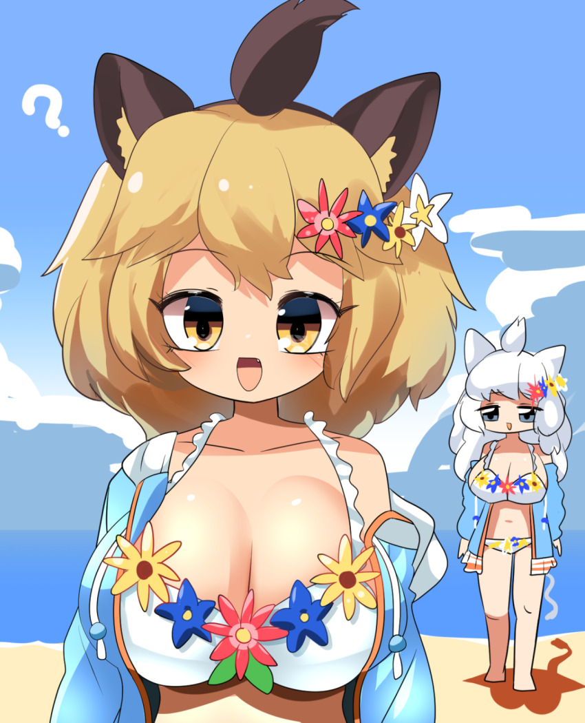 2girls ? ahoge animal_ears beach bikini blonde_hair blue_flower blue_sky blush breasts cloud commentary_request day flower full_body hair_flower hair_ornament highres kemono_friends kemono_friends_3 large_breasts lets0020 lion_(kemono_friends) lion_ears lion_girl long_hair looking_at_viewer medium_hair multiple_girls ocean open_mouth outdoors red_flower sky smile solo_focus swimsuit upper_body white_bikini white_flower white_hair white_lion_(kemono_friends) yellow_eyes yellow_flower