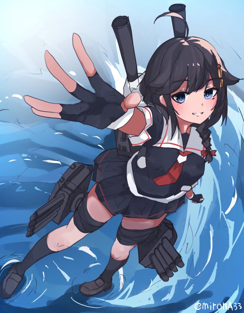 1girl ahoge black_gloves black_hair black_shirt black_skirt black_socks blue_eyes blush braid brown_footwear cannon commentary_request fingerless_gloves foreshortening from_above full_body gloves hair_flaps hair_ornament highres kantai_collection kneehighs loafers looking_at_viewer miniskirt miron_(mirona33) necktie outstretched_arm pleated_skirt reaching reaching_towards_viewer red_necktie sailor_collar shigure_(kancolle) shigure_kai_ni_(kancolle) shirt shoes short_sleeves single_braid skirt smile socks solo standing standing_on_liquid teeth torpedo_launcher twitter_username water white_sailor_collar